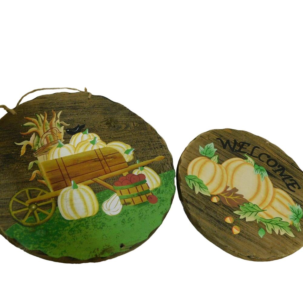 Rustic Wood Pumpkin Wall Plaques Fall Harvest Thanksgiving Welcome Sign Set of 2 - Picture 6 of 9